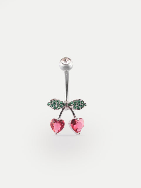 Cherry Heart Gem Navel Barbell 14G