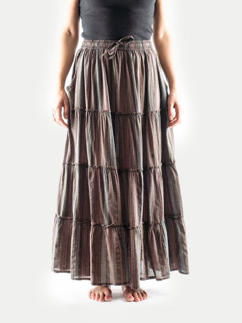 Cotton Stripe Tiered Maxi Skirt