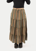 Cotton Stripe Tiered Maxi Skirt | Moss Green Stripe-Image 1