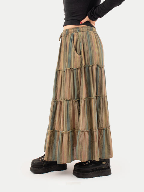 Cotton Stripe Tiered Maxi Skirt
