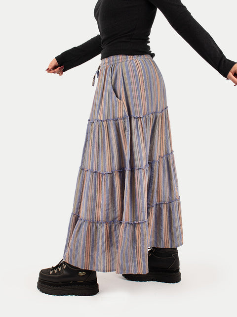 Cotton Stripe Tiered Maxi Skirt