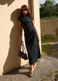 Elodie - Hemp Seersucker Midi Dress | Black-Image 1