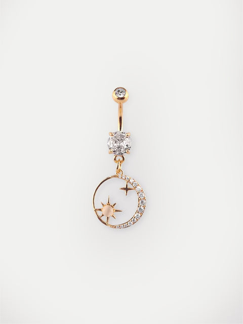 Gem Gold Moon Star Dangle Navel Barbell 14G