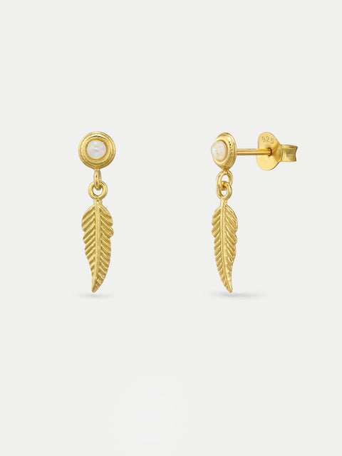 Sterling Silver Gold Plated Opal Feather Drop Stud Earrings