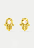 Sterling Silver Gold Plated Opal Hamsa Stud Earrings | White-Image 1