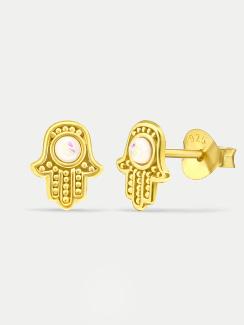 Sterling Silver Gold Plated Opal Hamsa Stud Earrings