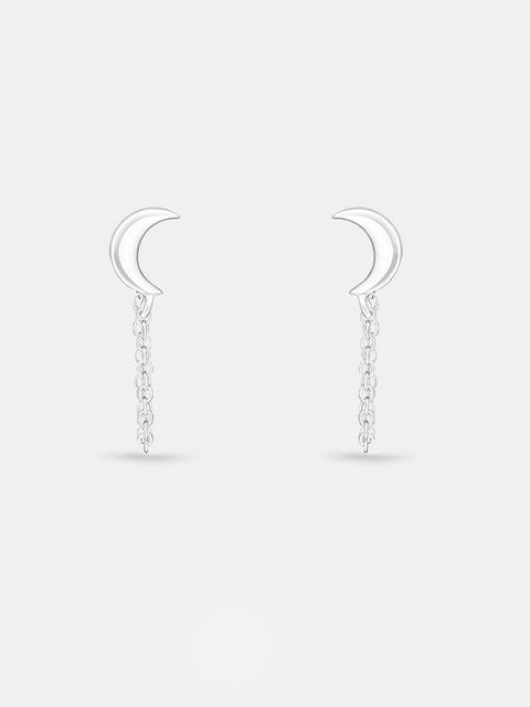 Sterling Silver Moon Drop Chain Stud Earrings