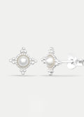Sterling Silver Ornate Pearl Stud Earrings | Silver-Image 2